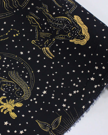 Tecido Viscose Premium Zodíaco Bege, Douradao e Preto