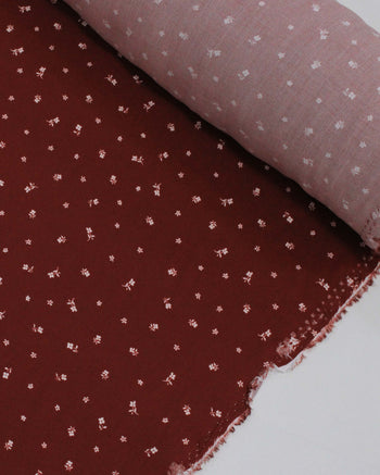 Tecido Viscose Premium Micro Ramos Florais Branco e Marsala