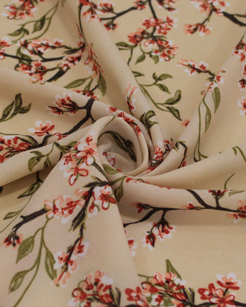 Tecido Crepe Koshibo Leve Ramos Florais Colorido e Bege