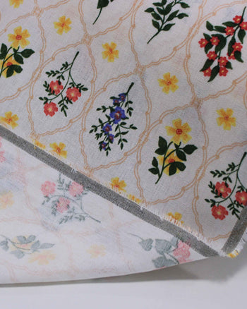 Tecido Linho Misto Estampado Multi Floral Contornado Colorido e Bege