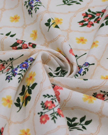 Tecido Linho Misto Estampado Multi Floral Contornado Colorido e Bege