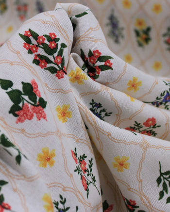 Tecido Linho Misto Estampado Multi Floral Contornado Colorido e Bege