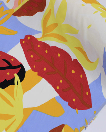 Tecido Linho Misto Estampado Macro Folhas Abstratas Tons Quentes