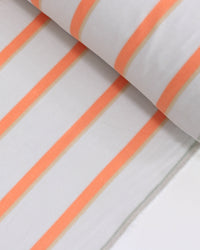 Tecido Linho Misto Estampado Listras Duplas Nude, Coral e Cinza Ártico