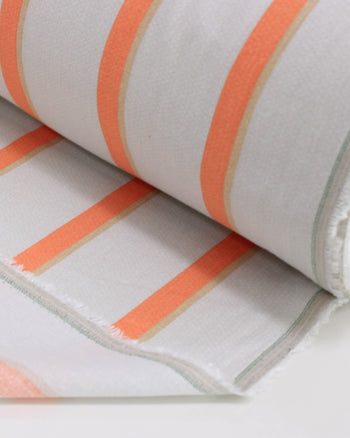 Tecido Linho Misto Estampado Listras Duplas Nude, Coral e Cinza Ártico