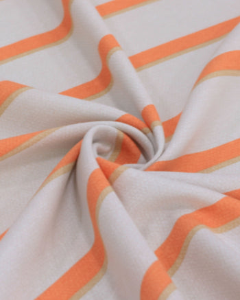 Tecido Linho Misto Estampado Listras Duplas Nude, Coral e Cinza Ártico