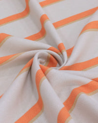 Tecido Linho Misto Estampado Listras Duplas Nude, Coral e Cinza Ártico