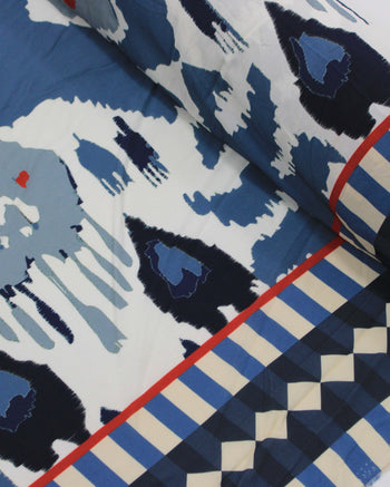 Tecido Viscose Premium Barrado Arte Abstrata Tons de Azul e Offwhite