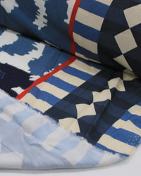 Tecido Viscose Premium Barrado Arte Abstrata Tons de Azul e Offwhite