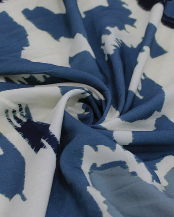 Tecido Viscose Premium Barrado Arte Abstrata Tons de Azul e Offwhite