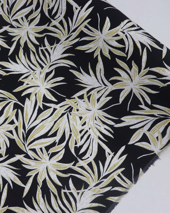 Tecido Linho Misto Macro Ramos Dourado, Branco e Preto