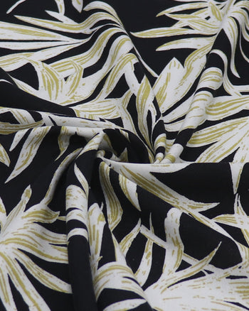 Tecido Linho Misto Macro Ramos Dourado, Branco e Preto