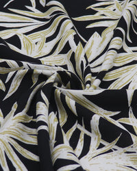 Tecido Linho Misto Macro Ramos Dourado, Branco e Preto