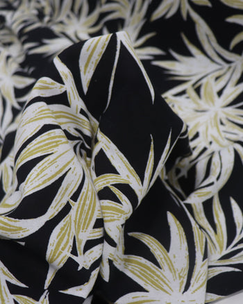 Tecido Linho Misto Macro Ramos Dourado, Branco e Preto