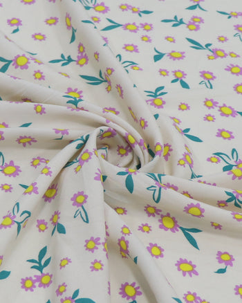 Tecido Viscose Tapete Floral Amarelo, Lilás e Pêssego