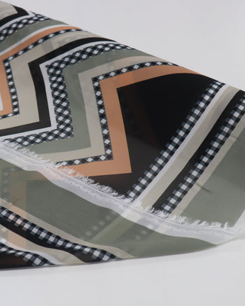 Tecido Crepe Chiffon Italiano Barrado e Chevron Laranja, Bege e Preto
