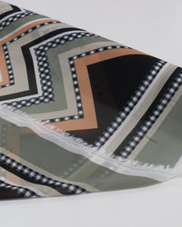 Tecido Crepe Chiffon Italiano Barrado e Chevron Laranja, Bege e Preto