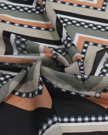 Tecido Crepe Chiffon Italiano Barrado e Chevron Laranja, Bege e Preto
