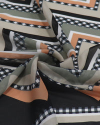Tecido Crepe Chiffon Italiano Barrado e Chevron Laranja, Bege e Preto