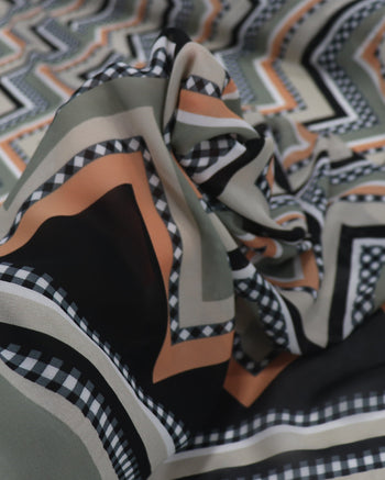 Tecido Crepe Chiffon Italiano Barrado e Chevron Laranja, Bege e Preto