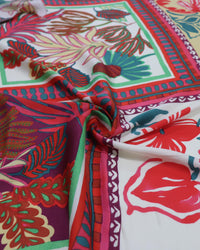 Tecido Viscose Acetinada Italiano Estampa Lenço Folhas e Flores Colorido