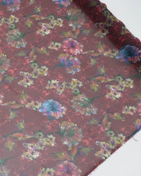 Tecido Crepe Chiffon Italiano Ramos Florais Abstratos Colorido e Marsala