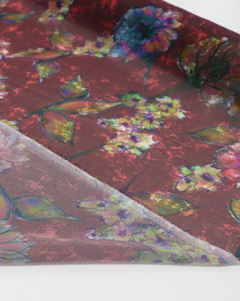 Tecido Crepe Chiffon Italiano Ramos Florais Abstratos Colorido e Marsala