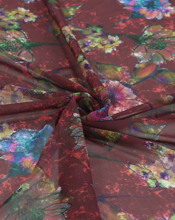 Tecido Crepe Chiffon Italiano Ramos Florais Abstratos Colorido e Marsala