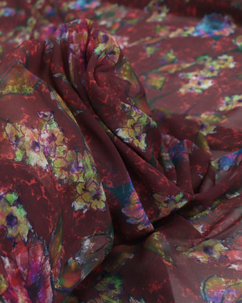Tecido Crepe Chiffon Italiano Ramos Florais Abstratos Colorido e Marsala