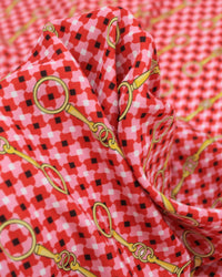 Tecido Crepe Silk Fino Micro Geométricos e Argolas Amarelo, Vermelho e Rosa