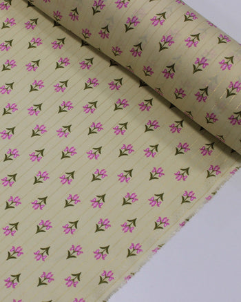 Tecido Viscose com Lurex Micro Flores Verde, Rosa e Creme