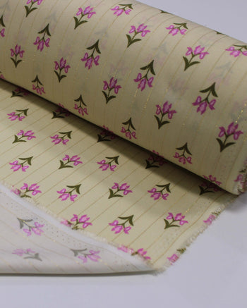 Tecido Viscose com Lurex Micro Flores Verde, Rosa e Creme