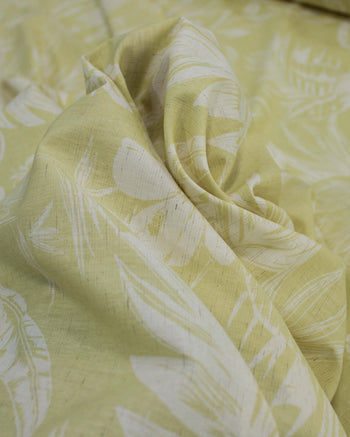 Tecido Linho Misto Camisaria Folhagens e Flores Branco e Amarelo Requinte