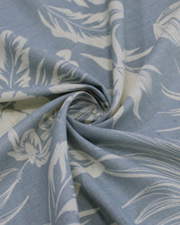 Tecido Linho Misto Camisaria Folhagens e Flores Offwhie e Azul Cinza Ártico