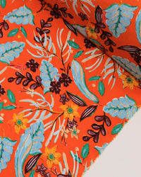 Tecido Crepe Koshibo Ramos e Flores Colorido e Laranja