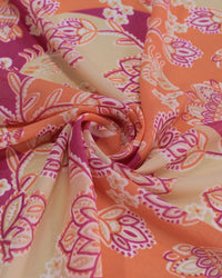 Tecido Crepe Chiffon Grosso Flores em Arabescos Bege Claro, Roxo e Coral