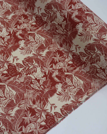 Tecido Linho Misto Estampado Floresta Tropical Terracota e Creme