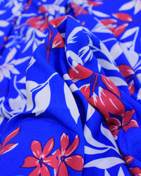 Tecido Crepe Koshibo Macro Ramos Vermelho, Branco e Azul