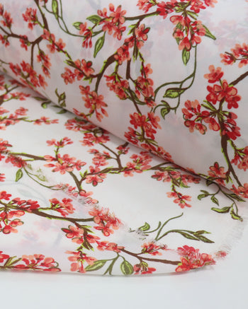 Tecido Crepe Koshibo Leve Ramos Floraias Colorido e Branco