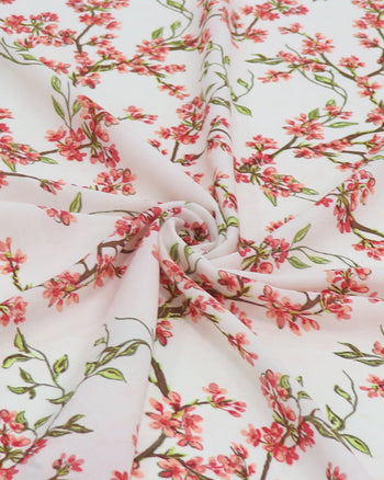 Tecido Crepe Koshibo Leve Ramos Floraias Colorido e Branco