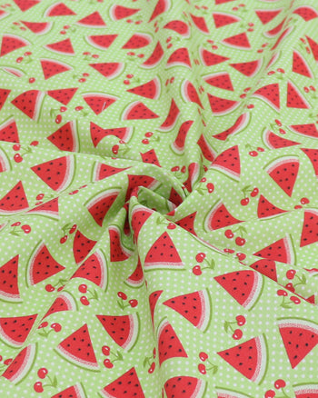 Tecido Tricoline Mista Micro Poá Branco, Cerejas e Melancias