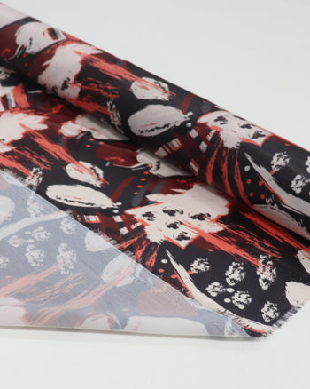 Tecido Crepe Acetinado Italiano Pintura Abstrata Bege, Marsala e Preto