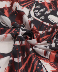 Tecido Crepe Acetinado Italiano Pintura Abstrata Bege, Marsala e Preto