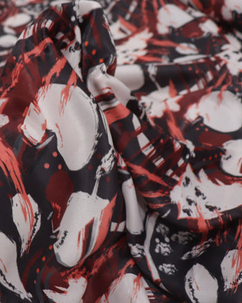 Tecido Crepe Acetinado Italiano Pintura Abstrata Bege, Marsala e Preto