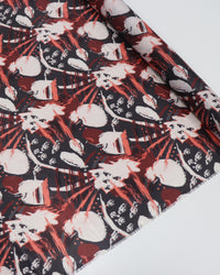 Tecido Crepe Acetinado Italiano Pintura Abstrata Bege, Marsala e Preto