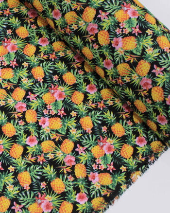 Tecido Tricoline Mista Abacaxi e Flores Amarelo, Rosa, Verde e Preto