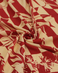Tecido Viscose Barrado Duplo Estampa Tropical Listrado Vermelho e Creme