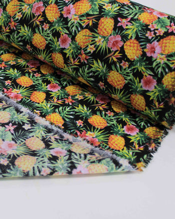Tecido Tricoline Mista Abacaxi e Flores Amarelo, Rosa, Verde e Preto