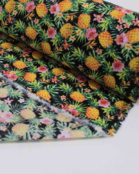Tecido Tricoline Mista Abacaxi e Flores Amarelo, Rosa, Verde e Preto