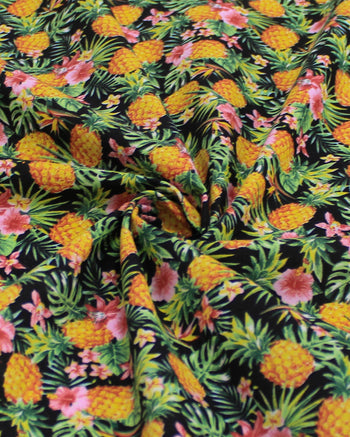 Tecido Tricoline Mista Abacaxi e Flores Amarelo, Rosa, Verde e Preto